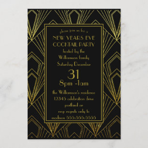 Invitation Soirée du Nouvel An Cocktail Noir Or Art Déco