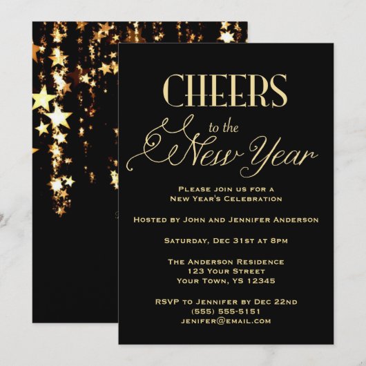 Invitation Soirée du Nouvel An du glamour d'or noir (Devant / Derrière)
