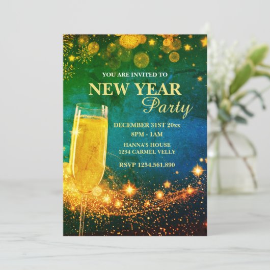 Invitation Soirée du Nouvel An élégante or et bleu (Debout devant)