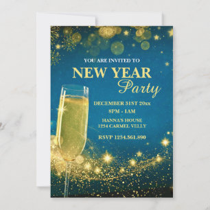Invitation Soirée du Nouvel An élégante or et bleu