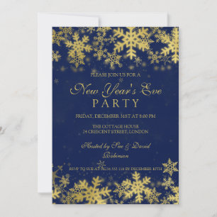 Invitation Soirée du Nouvel An Fêtes Gold & Bleu Marine Floc