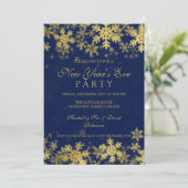 Invitation Soirée du Nouvel An Or et Bleu Marine  Flocons de  (Debout devant)