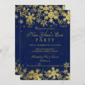 Invitation Soirée du Nouvel An Or et Bleu Marine  Flocons de  (Devant / Derrière)
