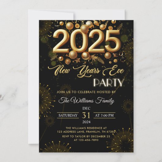 Invitation Soirée du Nouvel An Paillettes Dorées sur Fond Noi (Devant)