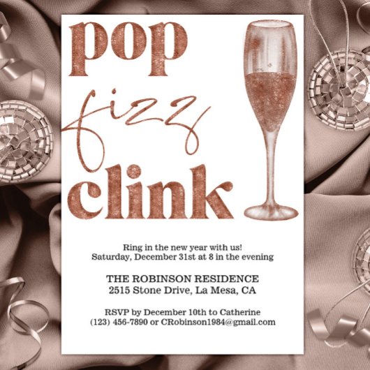 Invitation Soirée du Nouvel An Sparkle Rose Gold Cheers