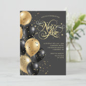 Invitation Soirée Elegant Black Gold New Years Eve Party (Debout devant)