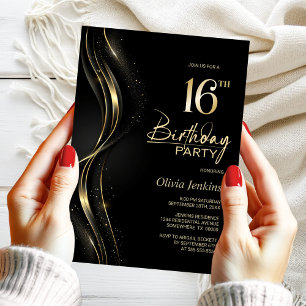 Invitation Soirée élégante Black and Gold 16e anniversaire