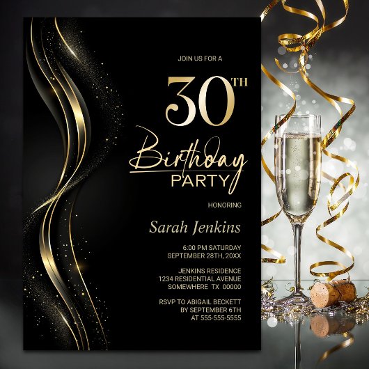 Invitation Soirée élégante Black and Gold 30e anniversaire