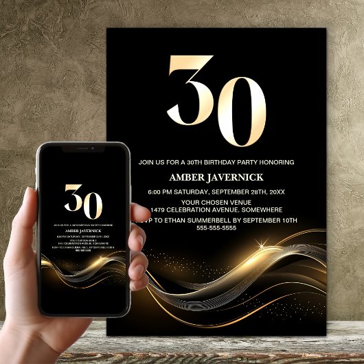Invitation Soirée élégante Black and Gold 30e anniversaire