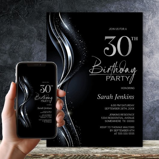 Invitation Soirée élégante Black and Silver 30e anniversaire