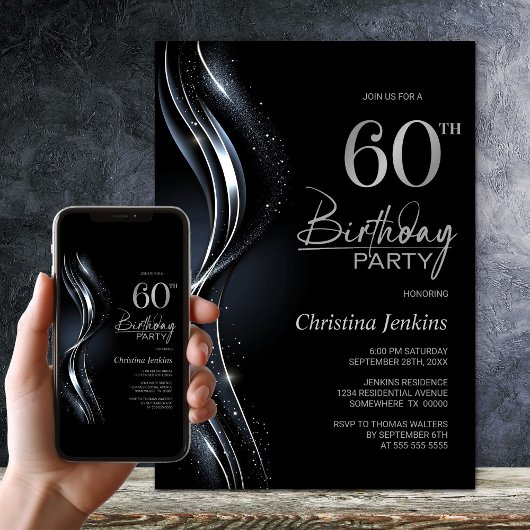 Invitation Soirée élégante Black and Silver 60e anniversaire