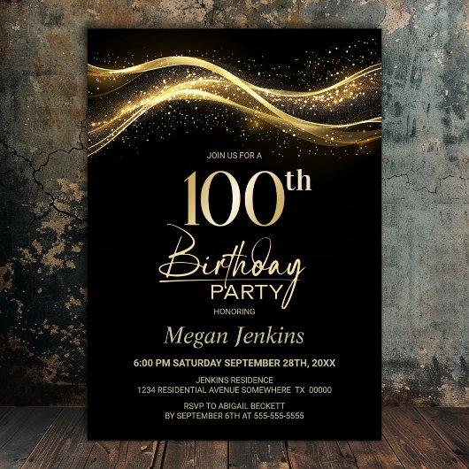 Invitation Soirée élégante Black Gold 100e anniversaire