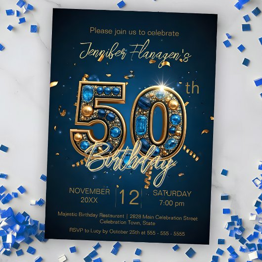 Invitation Soirée élégante Bleu et Or 50ème anniversaire