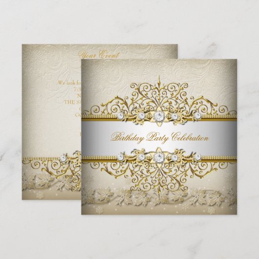 Invitation Soirée élégante crème dorée blanche beige (Devant / Derrière)