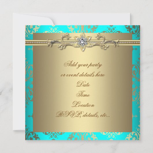 Invitation Soirée élégante damassé sarcelle et or (Dos)