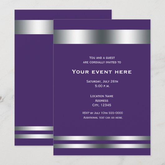 Invitation Soirée élégante de dîner Violet et Argent (Devant / Derrière)