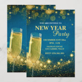 Invitation Soirée élégante du Nouvel An en or et bleu (Devant / Derrière)