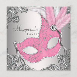 Invitation Soirée élégante en argent et mascarade rose