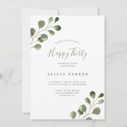 Invitation Soirée Elégante eucalyptus feuilles 30e anniversai (Devant)
