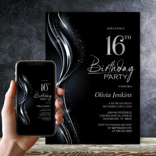 Invitation Soirée élégante Noir et Argent 16e anniversaire