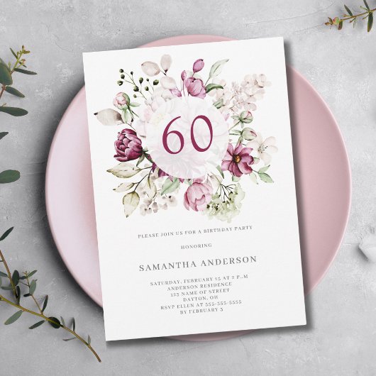 Invitation Soirée élégante rose florale 60e anniversaire