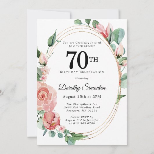 Invitation Soirée élégante rose florale 70e anniversaire (Devant)