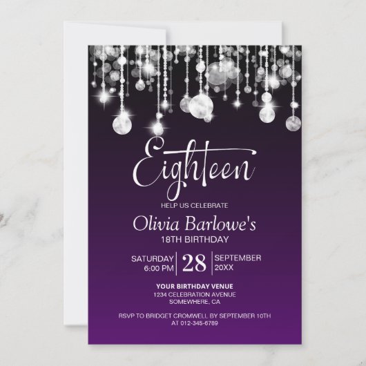 Invitation Soirée élégante violet 18e anniversaire (Devant)
