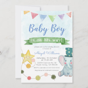 Invitation Soirée Eléphant Bébé Cute - Baby shower Bleu