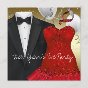 Invitation Soirée en smoking noir et robe rouge