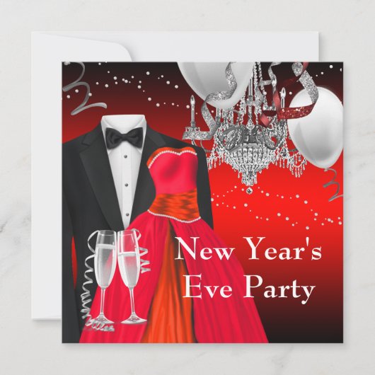 Invitation Soirée en smoking noir et robe rouge (Devant)