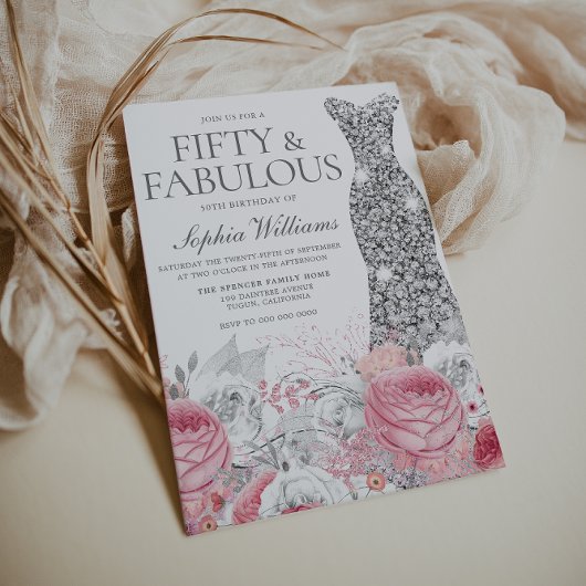 Invitation Soirée et rose pâle 50e fête d'anniversaire