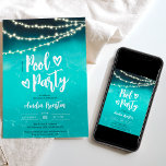 Invitation Soirée Fête de la piscine bleue Lumière à cordes S<br><div class="desc">Faites un splash avec nos lampes à cordes cool du soir des invitations Sweet 16 anniversaire! Doté d'un cordon jaune brillant sur une ombre d'eau de piscine en bleu, turquoise avec une police et des coeurs amusants de script de brosse moderne. . Parfait pour une fête de 16 ans ou...</div>