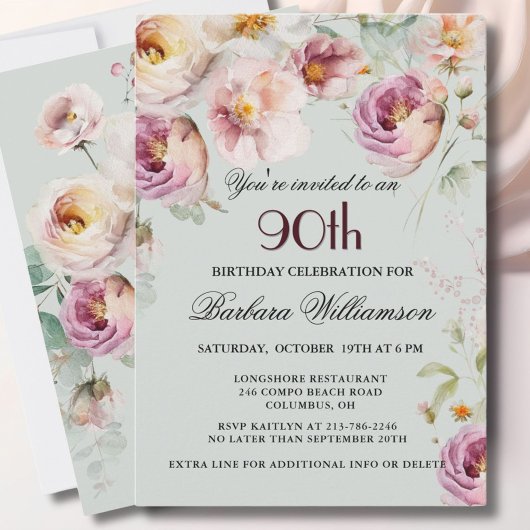 Invitation Soirée florale élégante peinte 90e anniversaire
