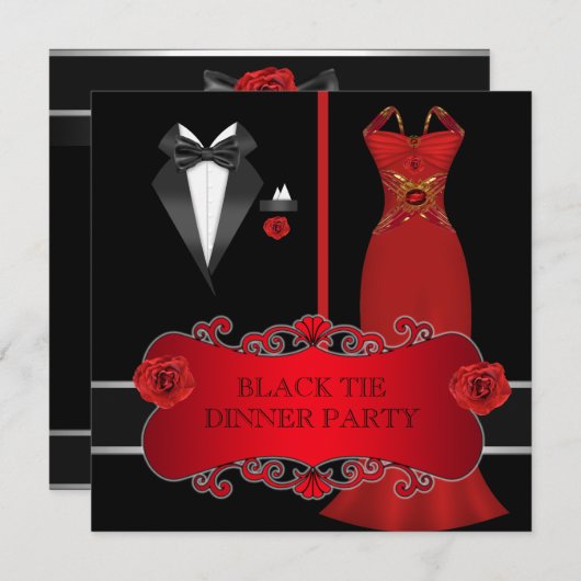 Invitation Soirée Formelle  Blanc Noir Cravate Rouge 2C (Devant / Derrière)