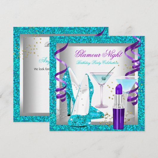 Invitation Soirée Glitter Violet Turquoise Glamour Martini Fê (Devant / Derrière)