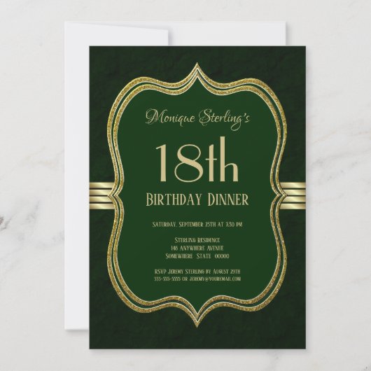 Invitation Soirée Green and Gold 18e anniversaire (Devant)