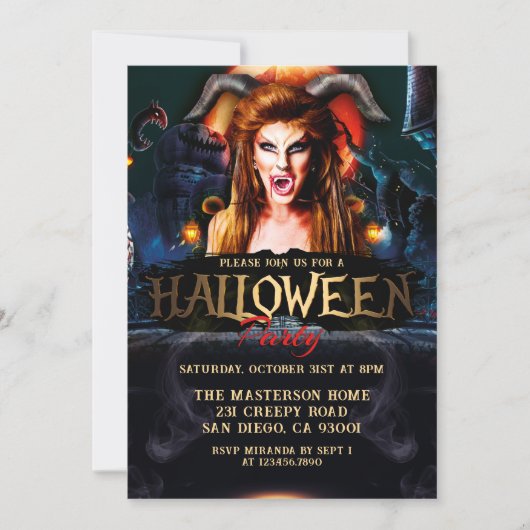 Invitation Soirée Halloween adulte de l'esprit malin effrayan (Devant)
