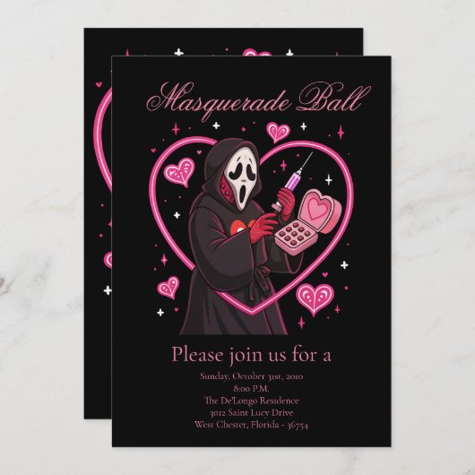 Invitation Soirée Halloween au masque rose (Devant / Derrière)