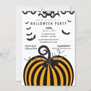 Invitation Soirée Halloween Citrouille et Chauves-souris Noir