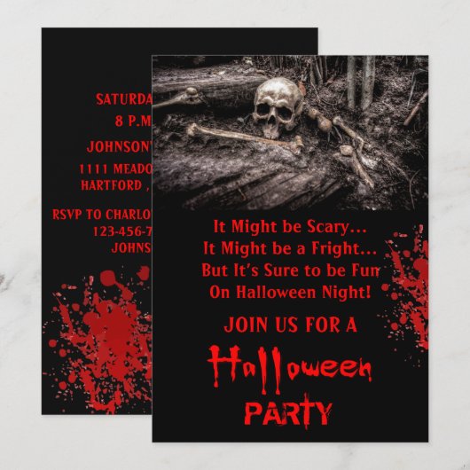 Invitation Soirée Halloween Crâne et Os Effrayants (Devant / Derrière)