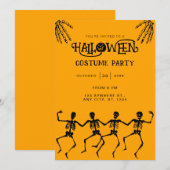 Invitation Soirée Halloween orange et noir squelette effrayan (Devant / Derrière)