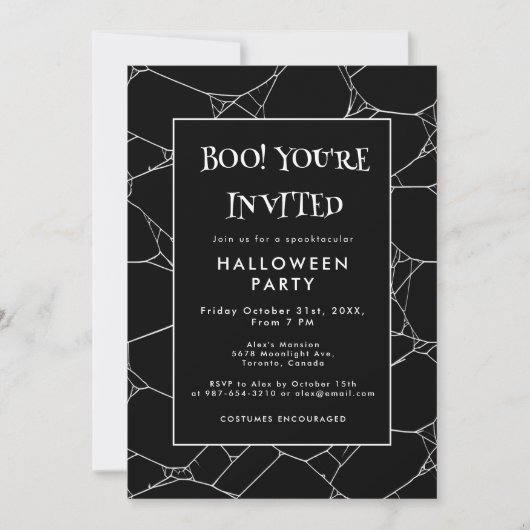 Invitation Soirée Halloween Toile d'Araignée Effrayante Noir  (Devant)
