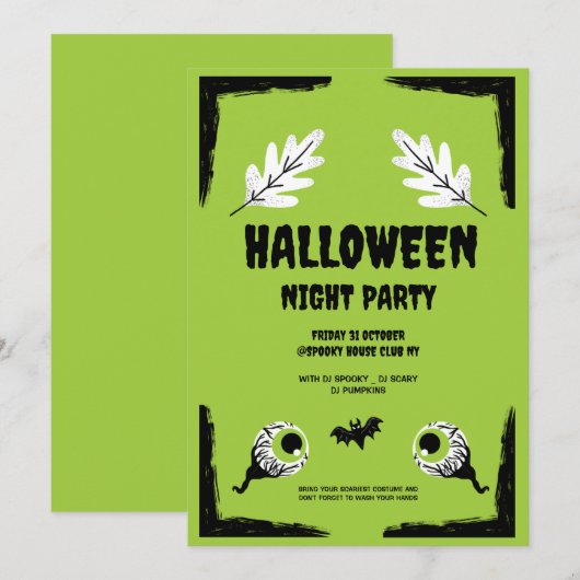 Invitation Soirée Halloween Verte et Noire,  Fête d'Halloween (Devant / Derrière)