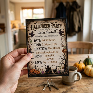 Invitation Soirée Halloween Vintage Sorcière & Maison Hantée