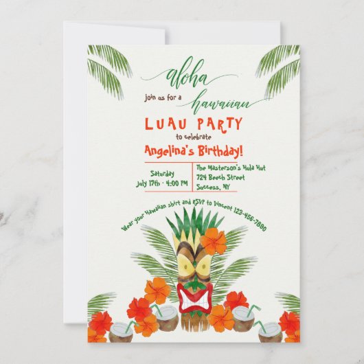 Invitation Soirée Hawaïenne Tiki Luau (Devant)