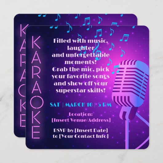 Invitation Soirée Karaoke avec Lumières Néon et Microphone (Devant / Derrière)