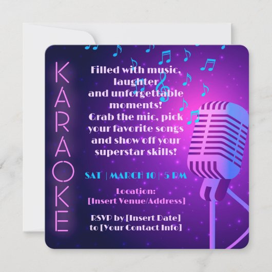 Invitation Soirée Karaoke avec Lumières Néon et Microphone (Devant)
