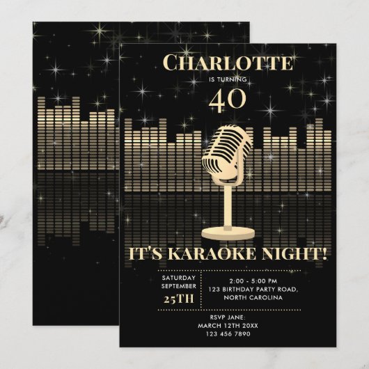 Invitation Soirée Karaoke Black Gold Chanson Fête d'anniversa (Devant / Derrière)