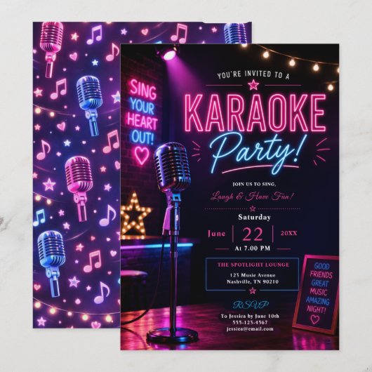 Invitation Soirée Karaoke Neon (Devant / Derrière)