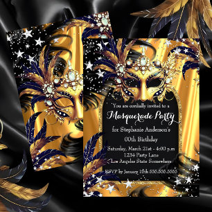 Invitation Soirée Magique Masquée Or Noir Argent